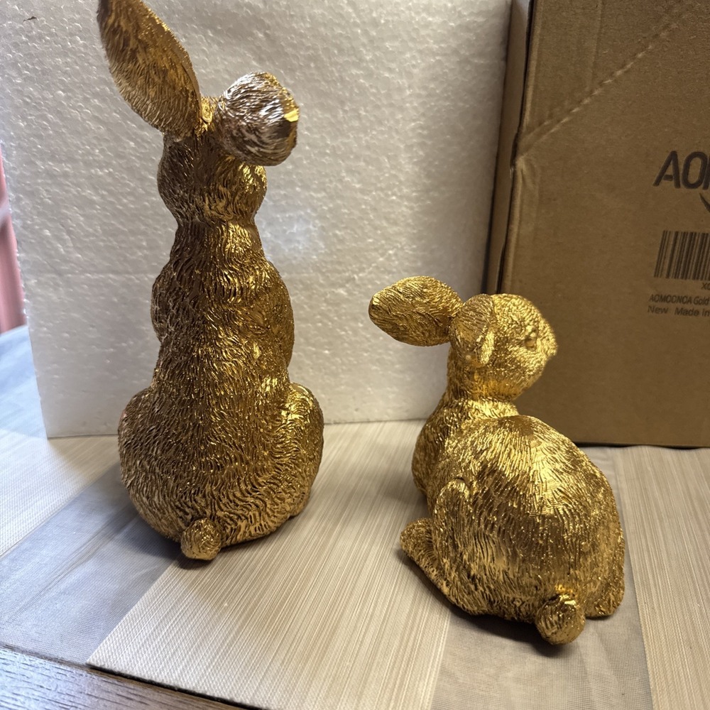 Gold Easter Bunny Figurine Set 2 PCS Resin Rabbit Statues‎ Spring Table Decor